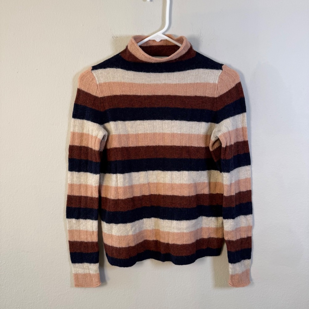 Madewell Women XXS Striped Ribbed Turtleneck Sweater Pink Burgundy Mock Neck